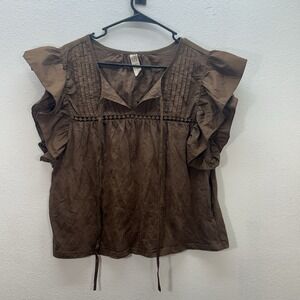 DOLAN Anthropologie Brown Pleated Flutter Sleeve Peasant Prairie Top Women's M